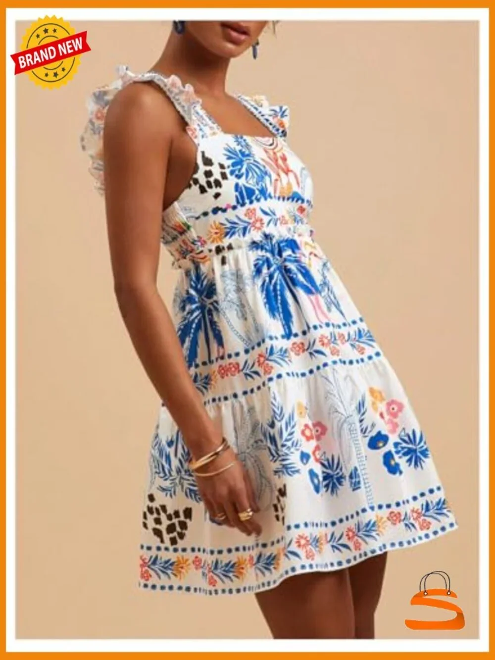 Floral Graphic Short Sleeveless Tank Dress Boho Ruffle Hem